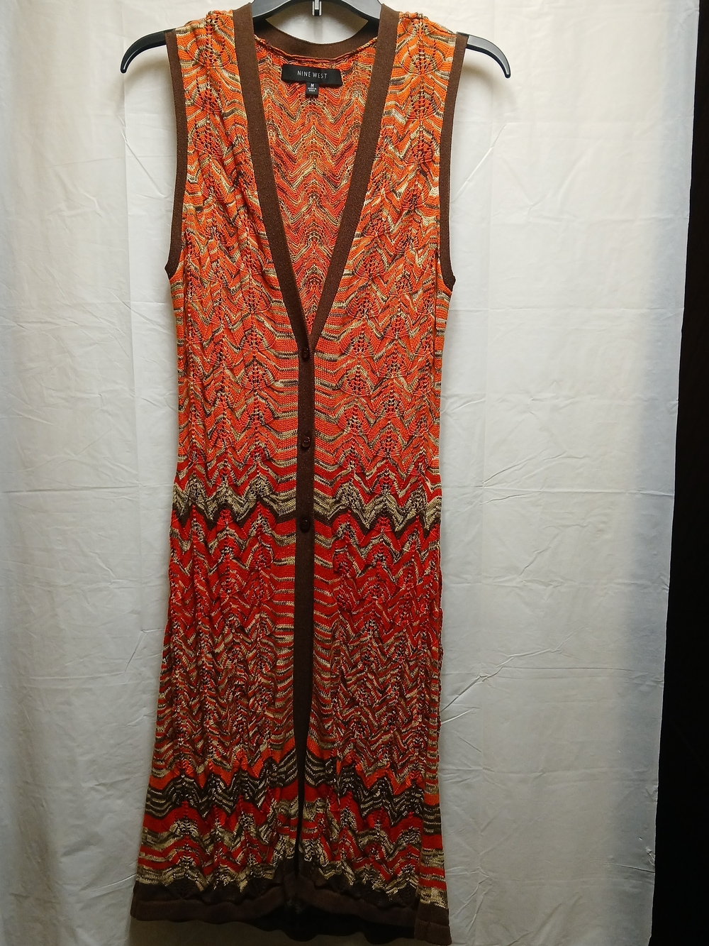 Nine West Orange Chevron Knit Long Cardigan Vest